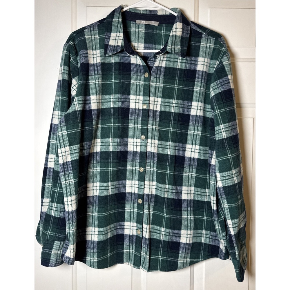 Lee Riders Womens Large Plaid Flannel Shirt Green Blue White Button Up Lg Sleeve